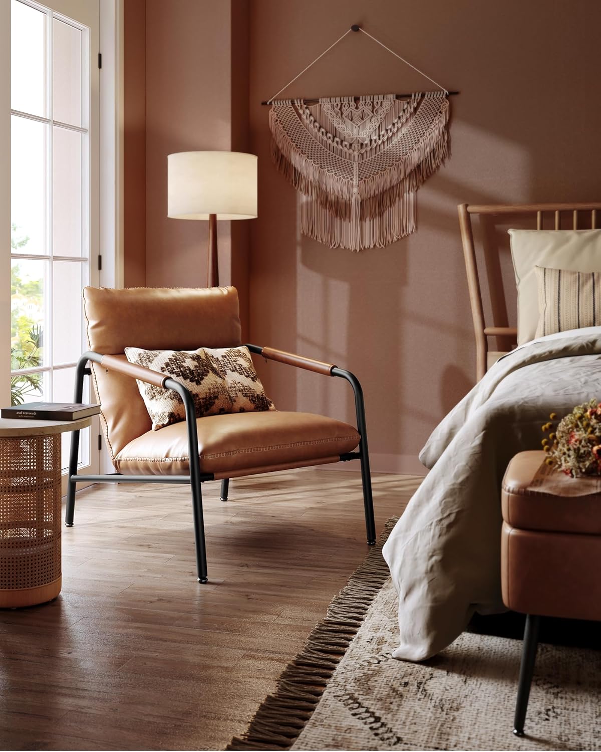VASAGLE EKHO Collection - Accent Chair, Metal Framed Armchair, Synthetic Leather with Stitching, Mid-Century Modern, Sling Chair for Living, Bedroom, Reading Room, Lounge, Caramel Brown ULAC014K01