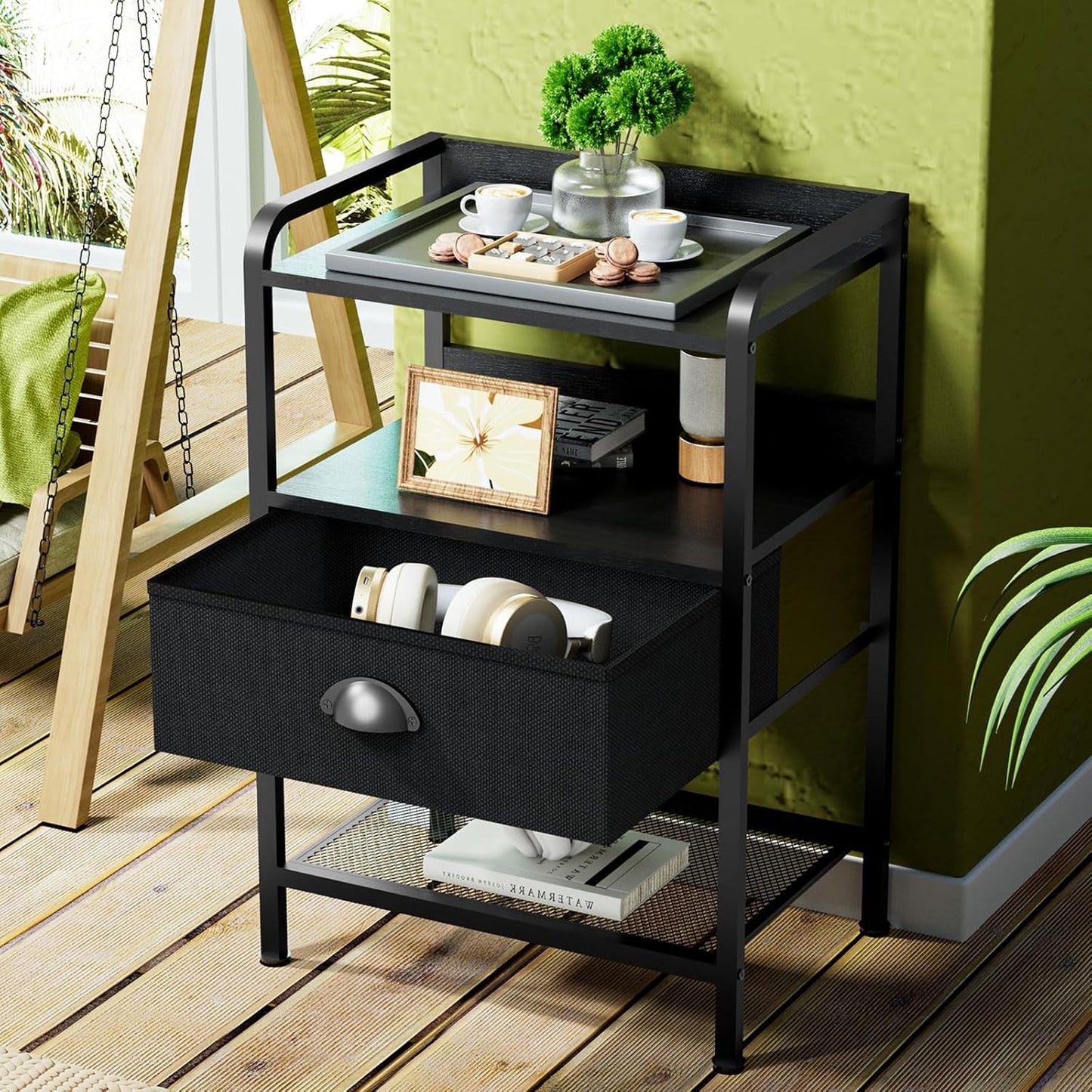 Night Stand Nightstand with 1 Drawer Black Nightstands Storage Night Stands Fabric Drawers Small Bedside Table Mesh Shelves Bed Side End Tables Chests Cabinet for Bedroom Living Room Dorm Furniture