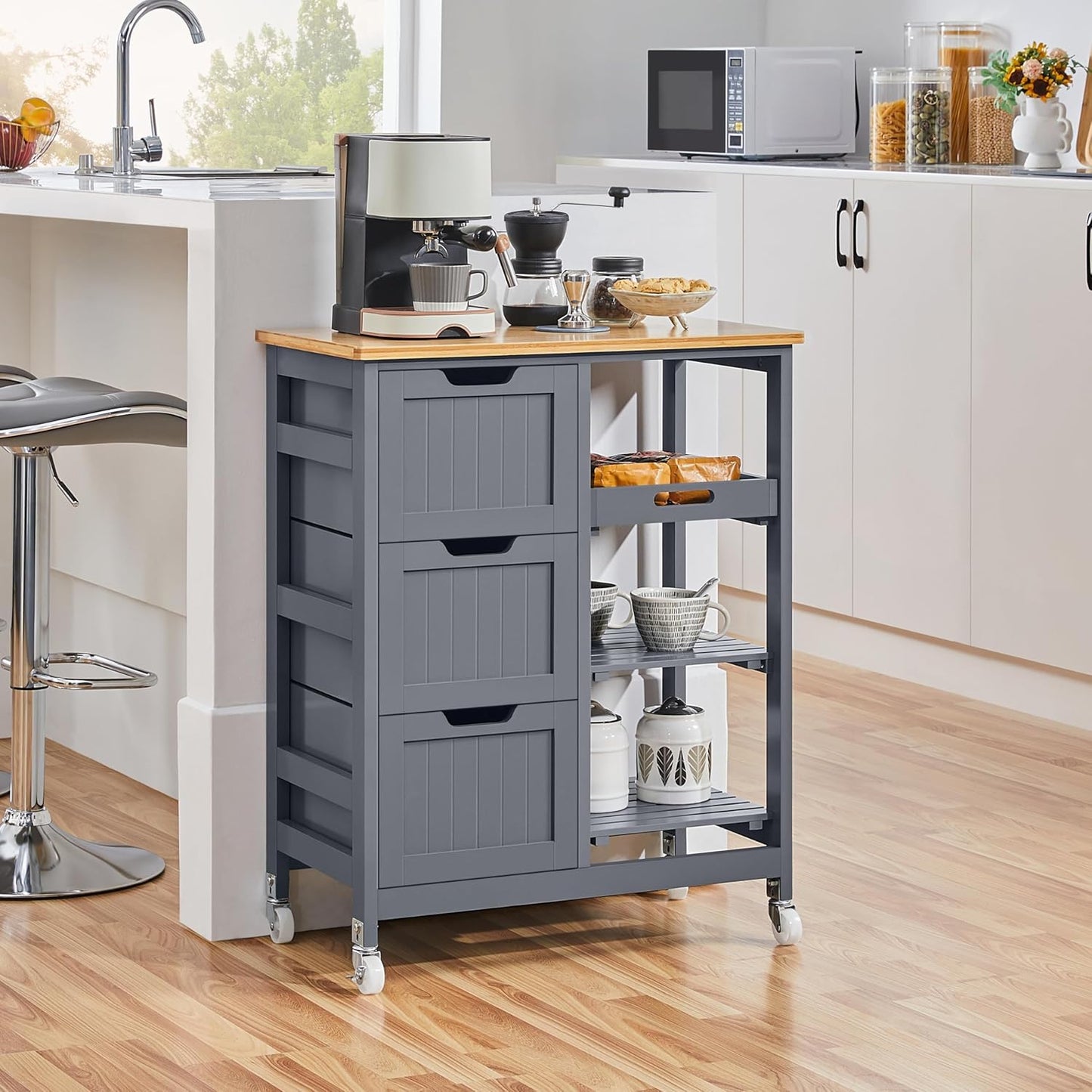 Yaheetech Kitchen Island Cart on Wheels with Storage, Rolling Bar Cart with Solid Wood Top and 3 Drawers, 3 Removable Shelves, Serving Utility Carts for Dining Room/Small Kitchen, Dark Gray