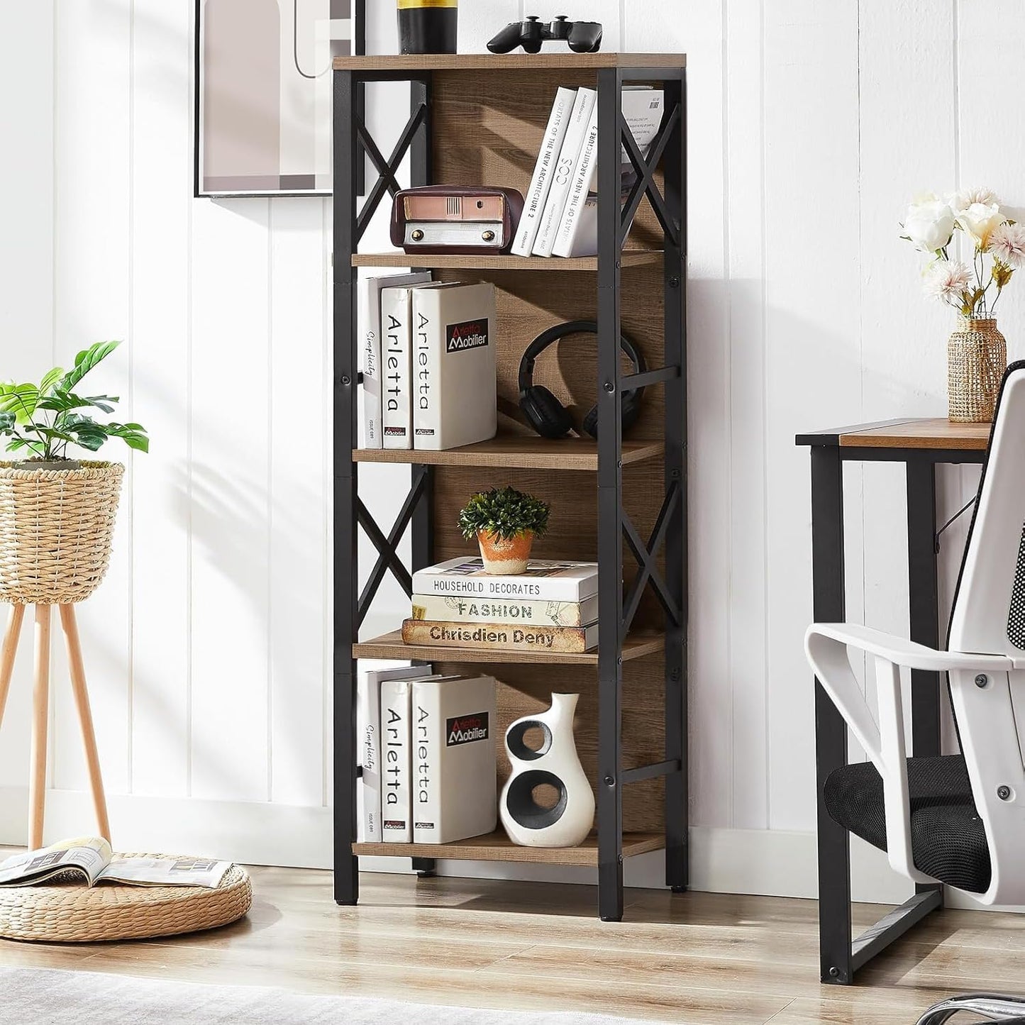 Small Bookshelf,5 Tier Industrial Bookshelf with Metal Frame and Backboard,Narrow Rustic Brown Book Shelf,Book case for Small Spaces,Living Room,Bedroom and Home Office