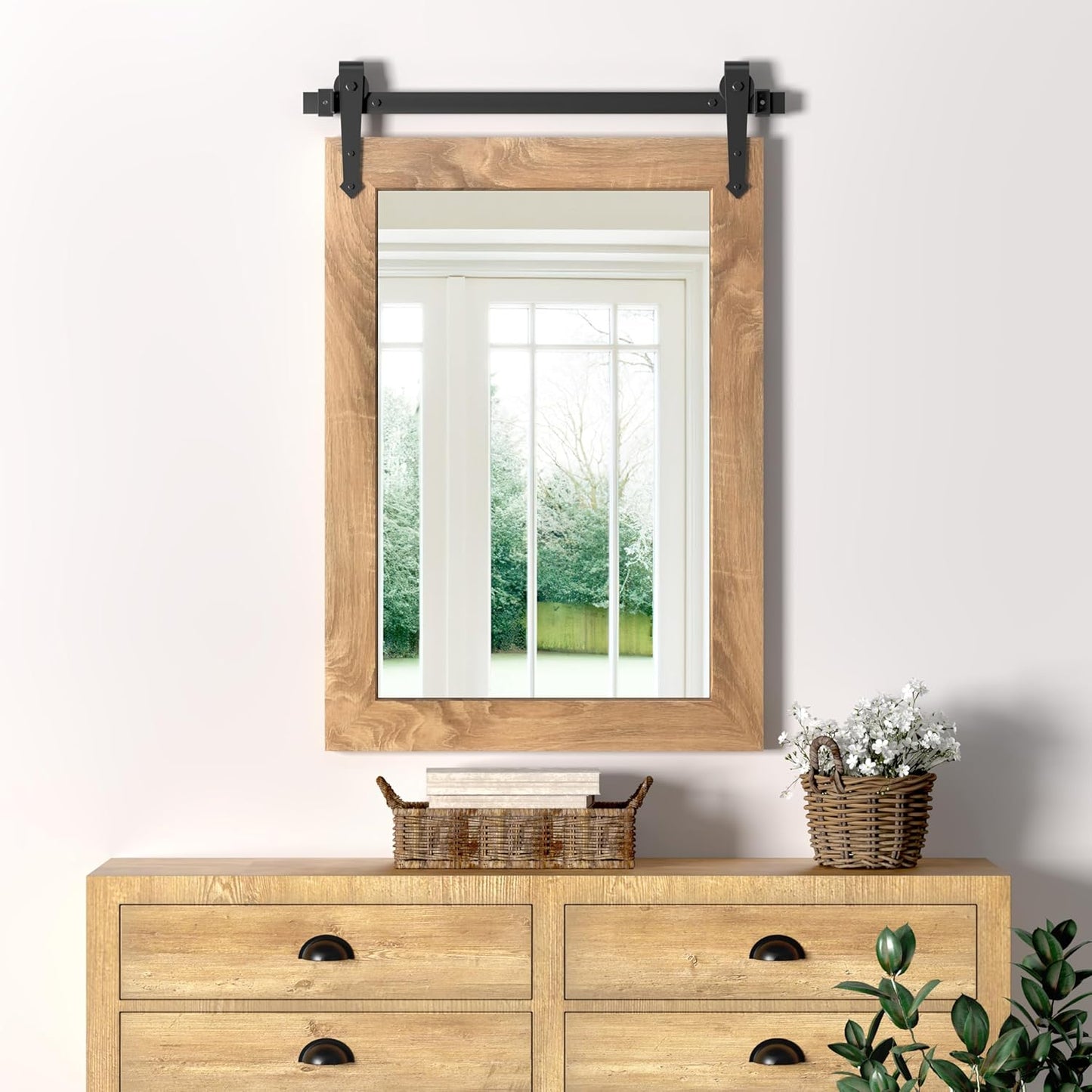 Farmhouse Barn Door Mirror 22”x32” Rustic Decorative Vanity Mirrors Wall Decor Mirror for Bathroom Living Room Entryway