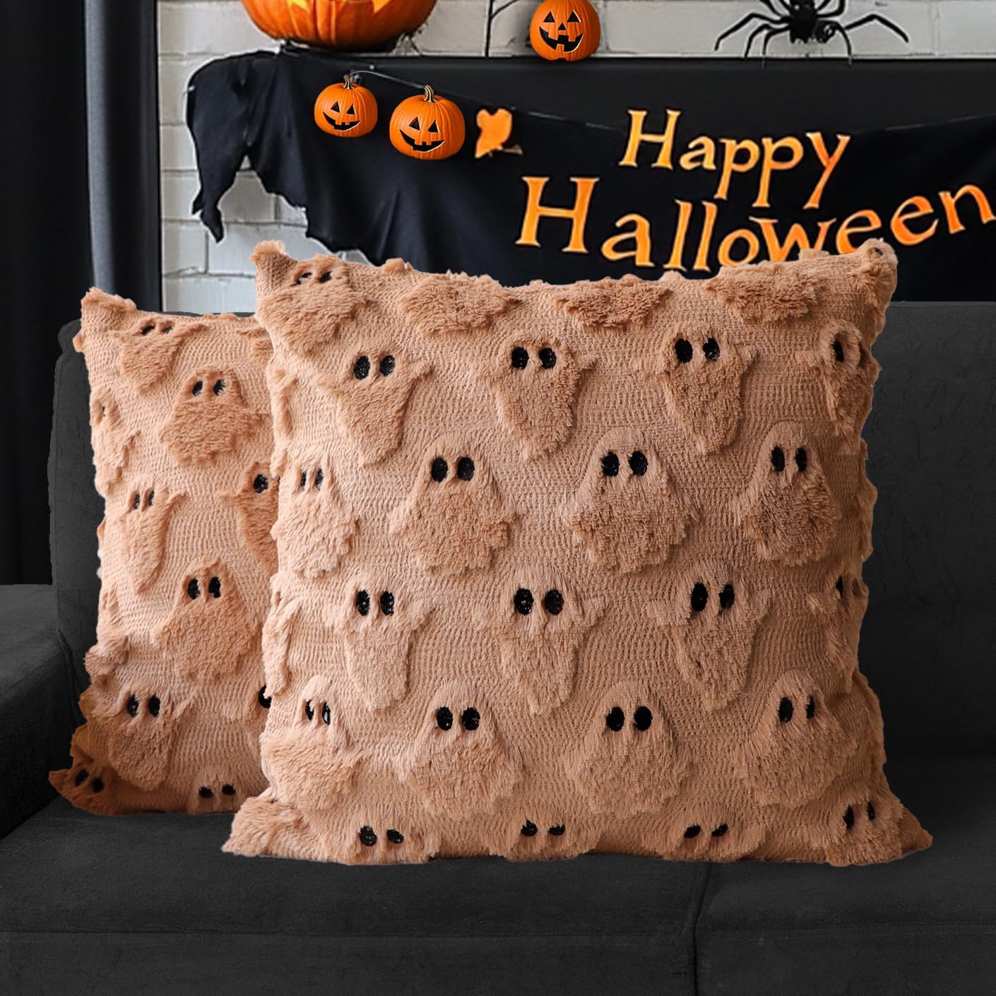 4TH Emotion Halloween Ghost Decorative Pillow Covers 18x18 Set of 2, Light Brown Soft Plush Faux Fur Farmhouse Throw Cushion Cases for Fall Autumn Holiday Home Decorations