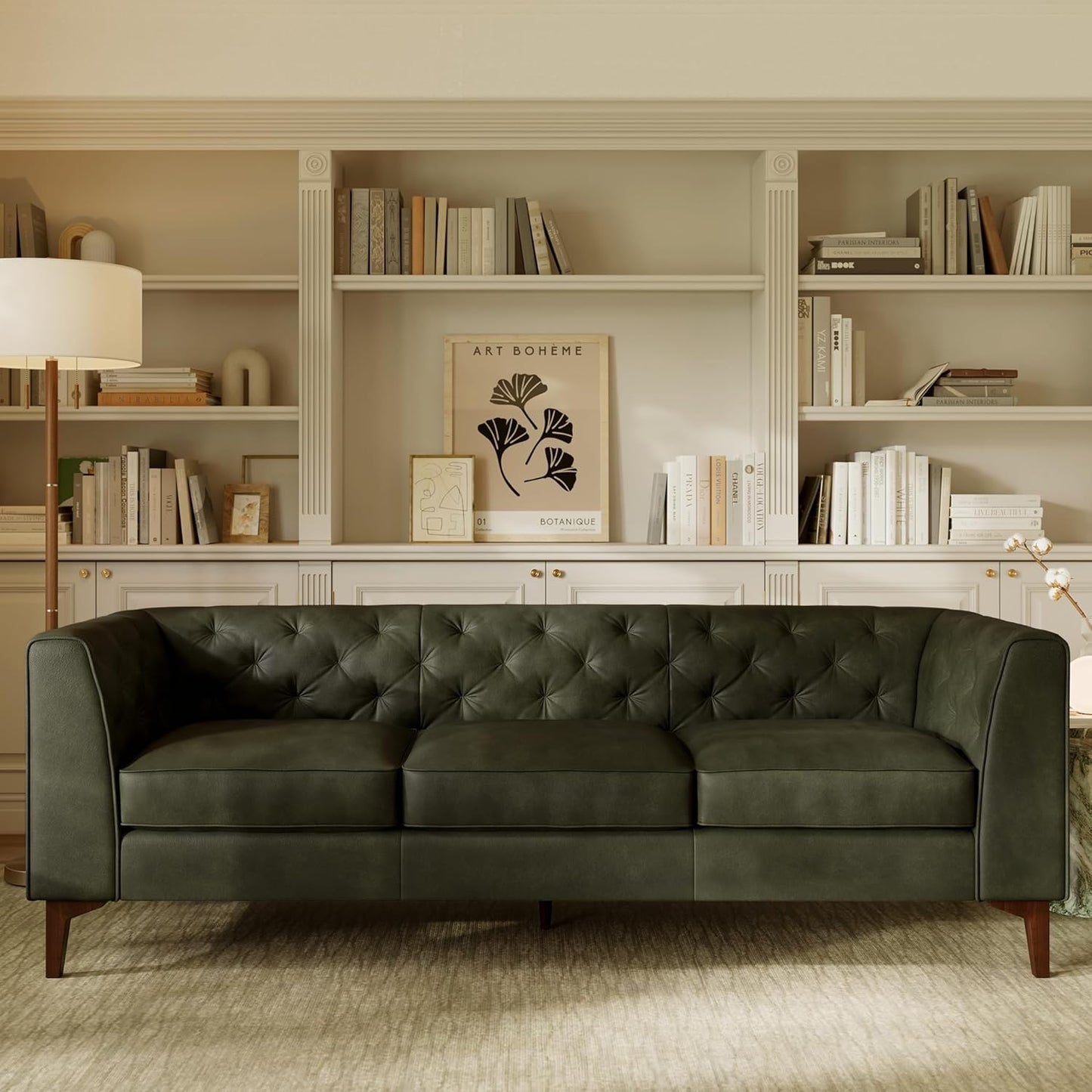 POLY & BARK Essex Leather Couch - 89-Inch Sofa with Tufted Back - Full-Grain Leather Sofa for Living Room with Feather-Down Topper - Living Room Couch - Vintage Italian Leather in Olivine Green