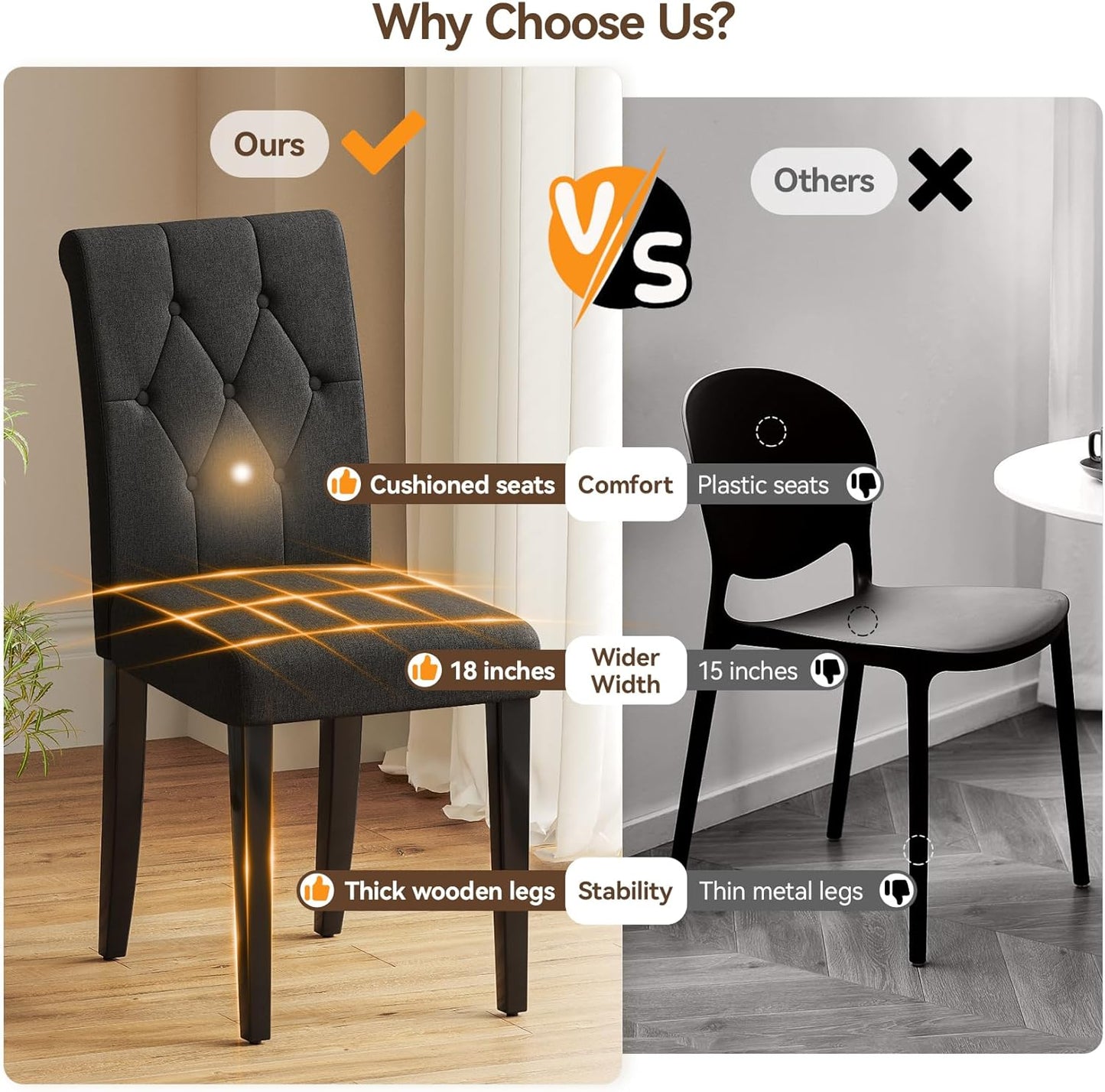 Upholstered Dining Chairs Set of 2, Button Tufted Parsons Dining Chair with Solid Wood Legs, Modern Fabric Side Chair for Dining Room/Kitchen/Restaurant/Hotel- Black