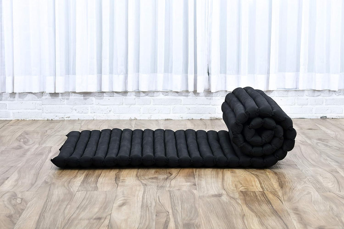Leewadee - Foldable Floor Mattress - Japanese Roll Up Futon -Trifold Tatami Mat- Guest Floor Bed - Camping Mattress - Thai Massage Mat, Kapok Filled, 75 x 28 inches, Black