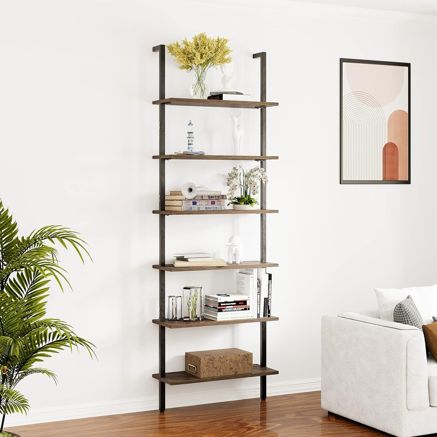 Ladder Shelf Black 6 Tiers Modern Bookshelf Room Organizer Open Tall Wall Mount Bookcase Standing Leaning Wall Shelves Industrial Decorative Living Room Bed Room (Brown)