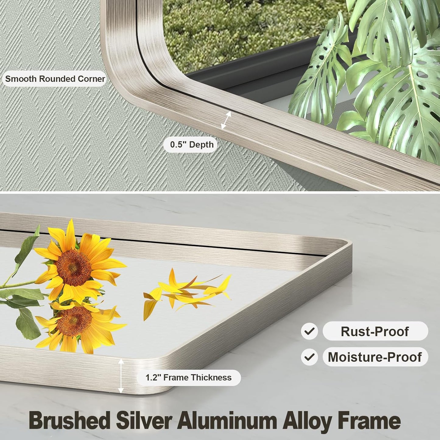 60x28 Inch Brushed Nickel Bathroom Mirror, Large Brushed Silver Metal Framed Wall Mirror, Rounded Corner Rectangle Modern Vanity Mirror, Tempered Glass, Anti-Rust, Shatterproof (Horizontal/Vertical)