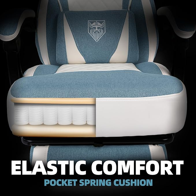 Vonesse Gaming Chair, Computer Chair Fabric with Pocket Spring Cushion, Office Chair with Footrest and Massage Lumbar Support, Reclining Gaming Chairs for Adults 250LBS (Blue)