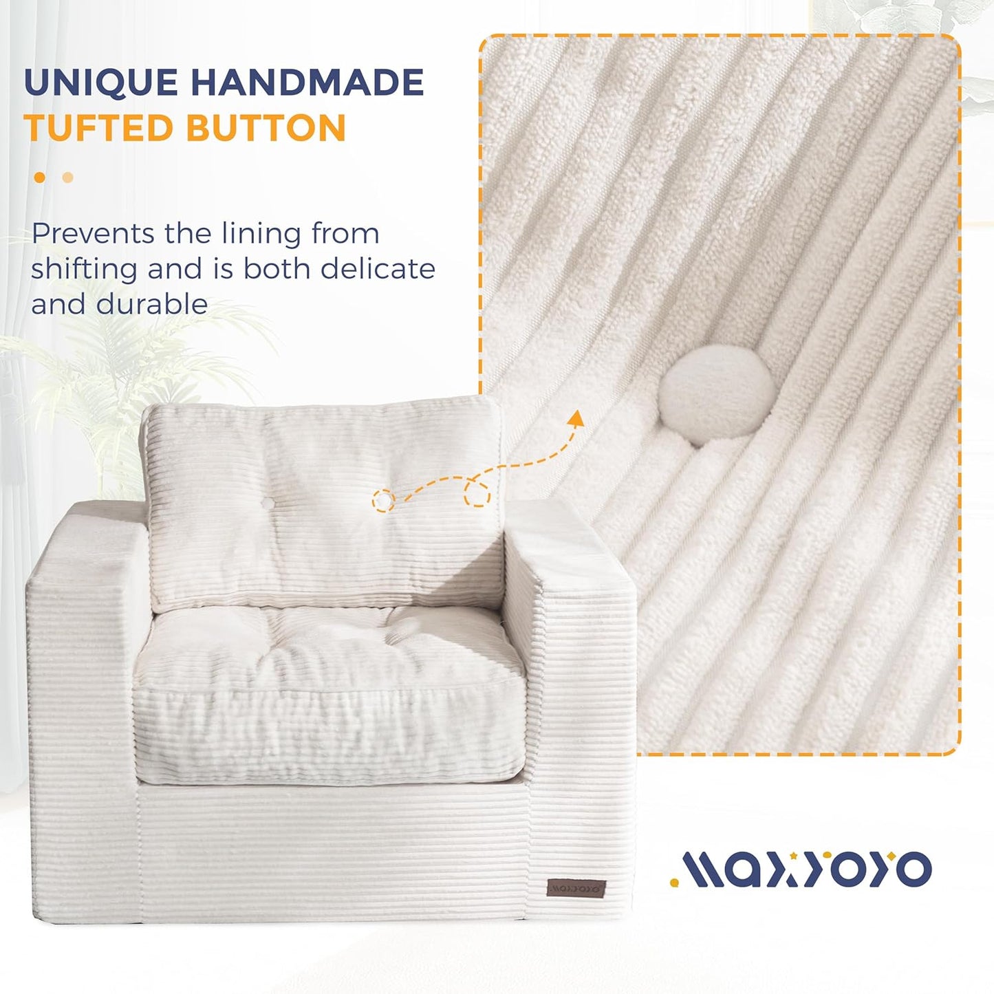 MAXYOYO Living Room Chair for Adults, Upholstered Floor Sofa with Armrests, Boneless Chair with Tufted Cushion & Backrest, Sofa in A Box, Bean Bag Couch for Bedroom Living Room, Dorm, Beige