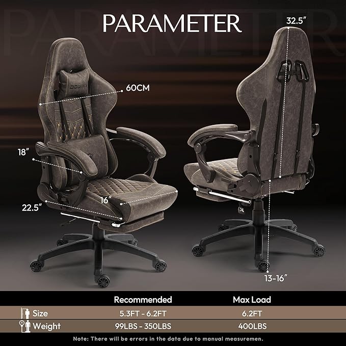 Dowinx Gaming Chair Big and Tall, Ergonomic PC Gaming Chair with Footrest & Massage, Racing Style Reclining Computer Chair for Adults, 400LBS Capacity - Heavy Duty Gamer Chair, Brown