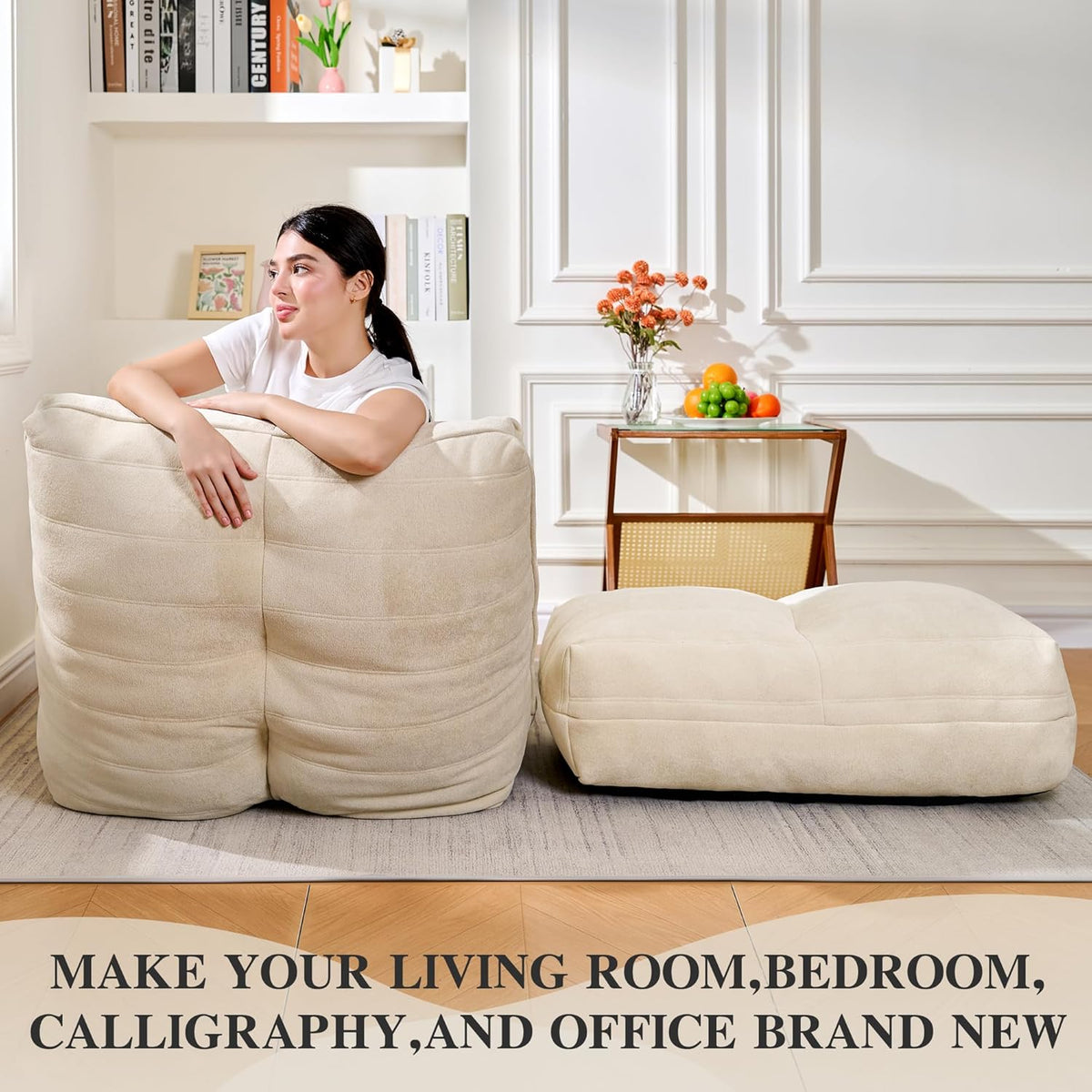 Bean Bag Chair with Ottoman, Comfy Bean Bag Sofa with Memory Foam, Lazy BeanBag Sofa with Footstool, Fireside Bean Bag Couch for Living Room, Bedroom, Apartment (Off White)