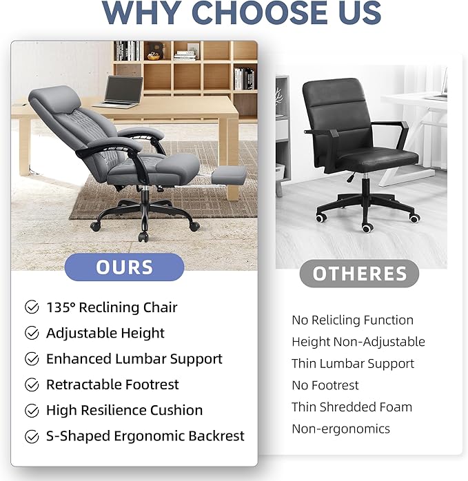 Office Chair, Big and Tall Office Desk Chair, Reclining Office Chair with Footrest Home Office Desk Chairs, High Back Ergonomic with Lumbar Support, Executive Leather