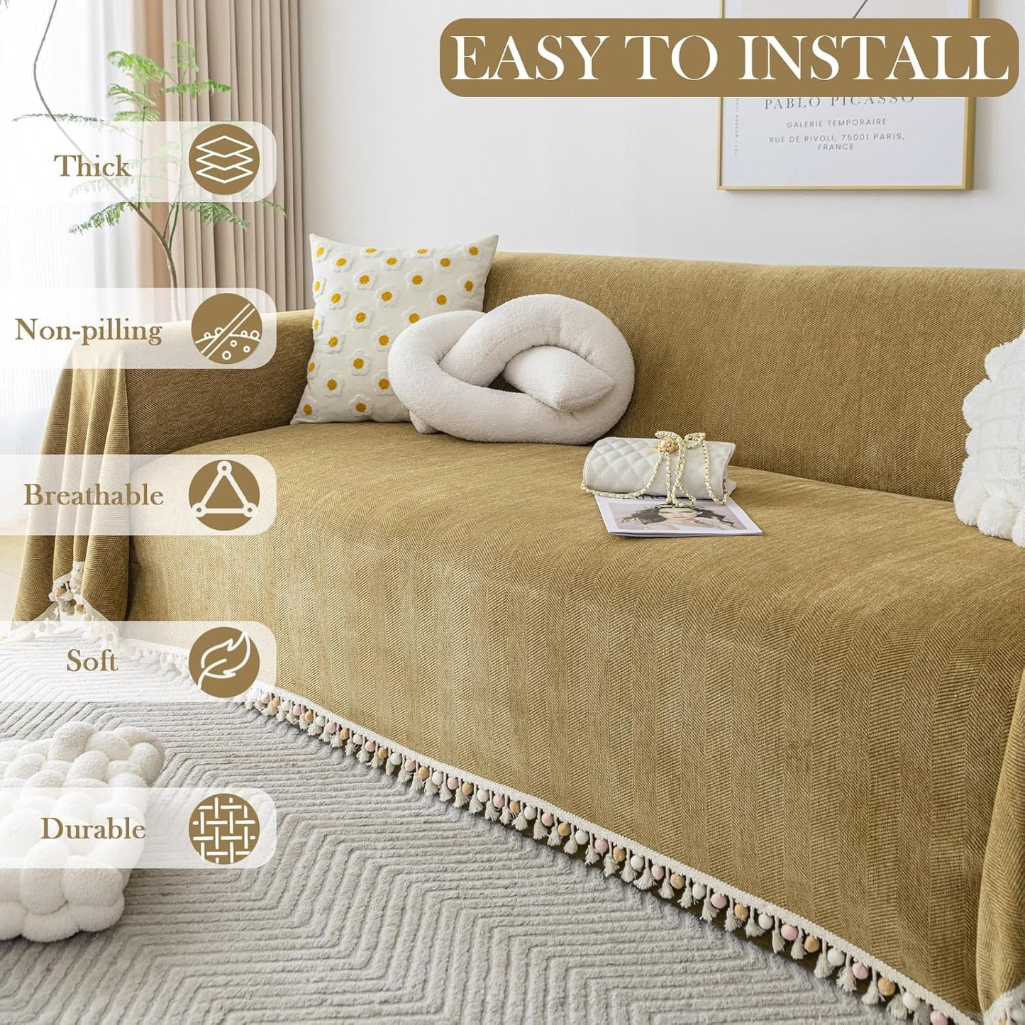 HANDONTIME Couch Covers for Pets Boho Mustard Yellow Love Seat Couch Covers Brown Sofa Cover for Dogs Pet Couch Protector Chenille Tassel Sofa Slipcovers Sofa Throw Cover Boho Decor, 71" X134"