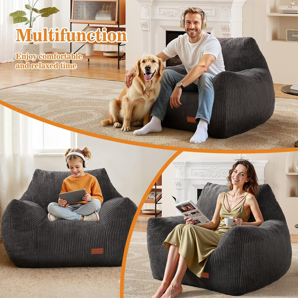 Big Bean Bag Chair for Adults & Kids, Ultra Soft Living Room Bean Bag with Armrests, Stuffed BeanBag Floor Sofa for Napping, Gaming, Lounging, Dark Gray