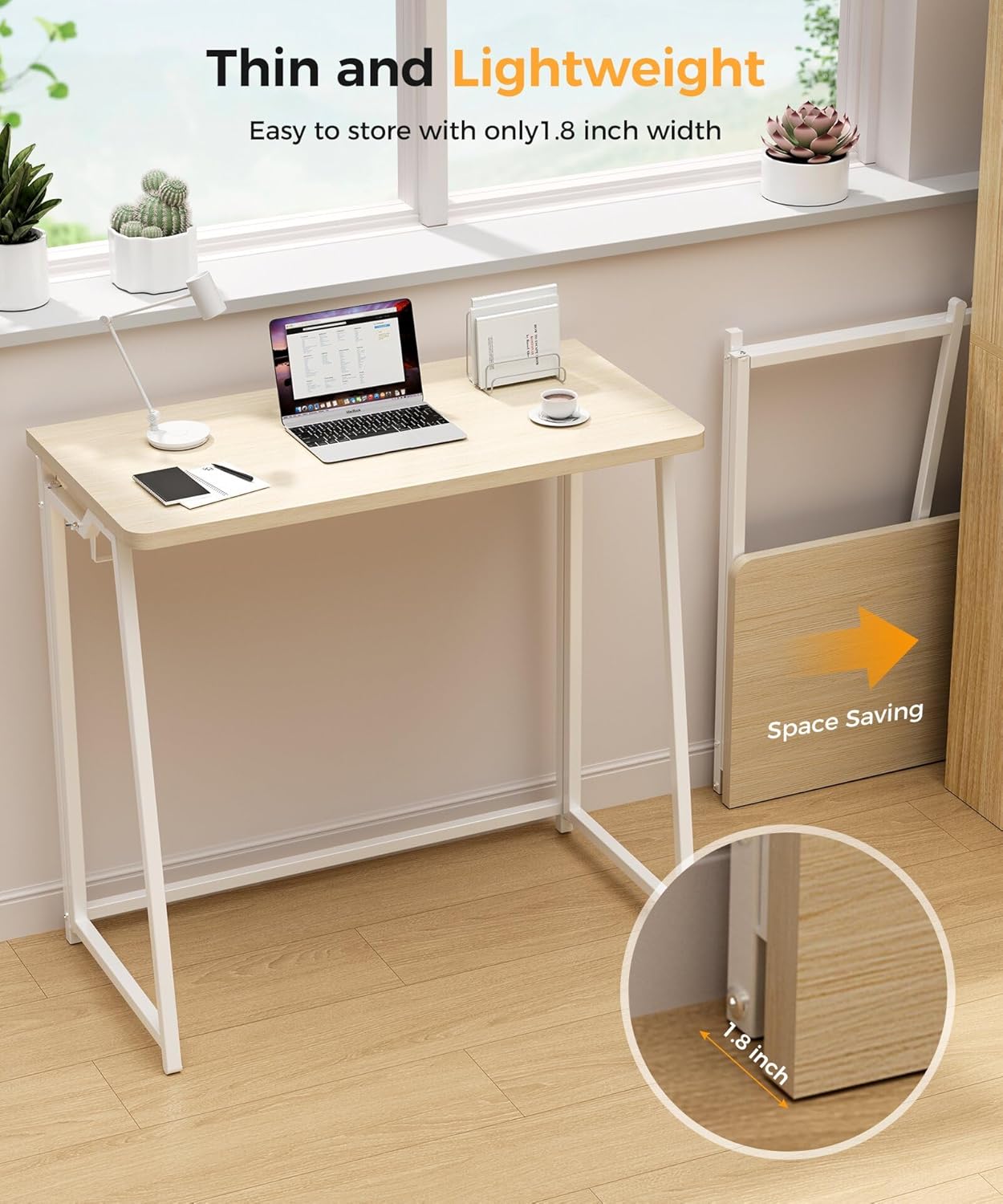 Folding Desk Small Foldable Desk for Small Space, 31.5 Inches Writing Computer Desks in Study, Home Office Foldable Office Desks for Bedroom, Oak