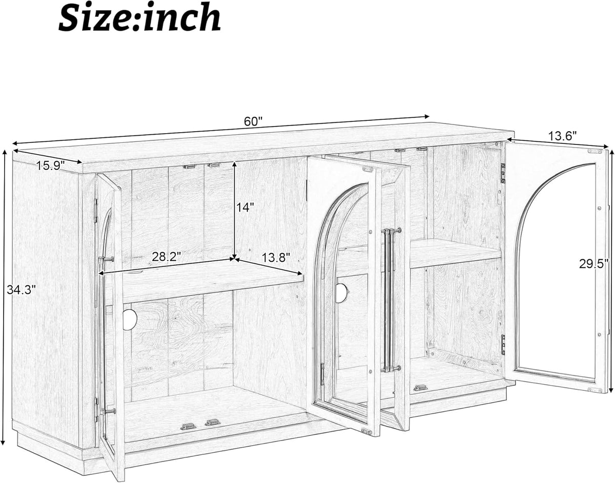 Merax Wood Farmhouse Buffet Sideboard with Adjustable Shelves and 4 Glass Doors, Coffee Bar Cabinet TV Stand for Living Room Bedroom Kitchen Black