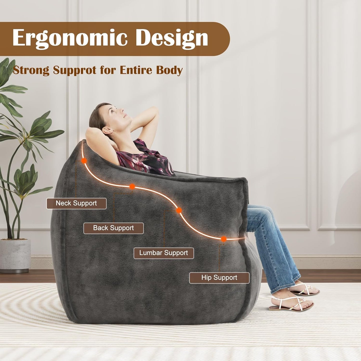 Giant Bean Bag Chair for Adults, Large Bean Bag Chair with Armrest, Living Room Fluffy Beanbag Couch with Filler Included, Comfy Washable Lazy Sofa Chair for Bedroom, Gray