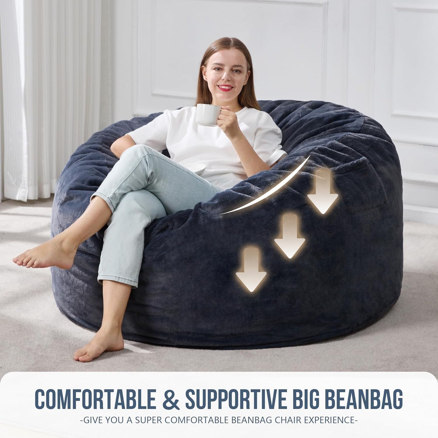 Hobestluk 4ft Bean Bag Chairs for Adults Large Beanbag Chair with Plush Faux Fur Cover Big Bean Bag Chair for Living Room Bedroom Dorm Office - Dark Grey (44” x 44” x 24”)