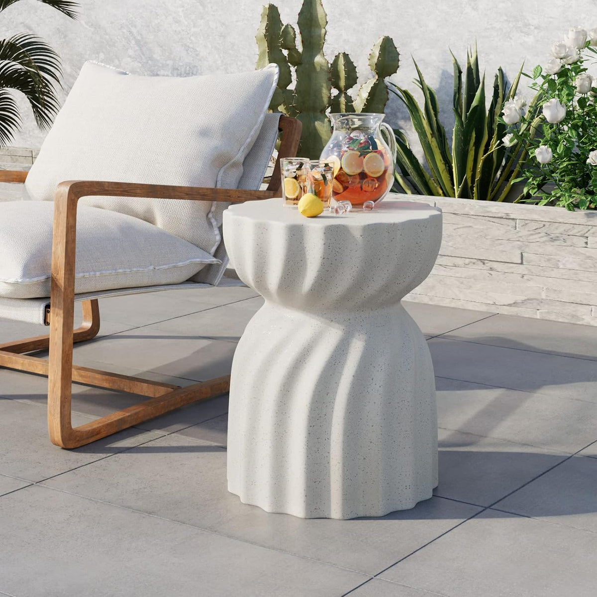 COSIEST Set of 2 Outdoor Side Table, 19" Concrete Contemporary Lightweight Side Table,Patio End Accent Table, Modern Stool Table for Livingroom,Garden,Patio,Spotted White