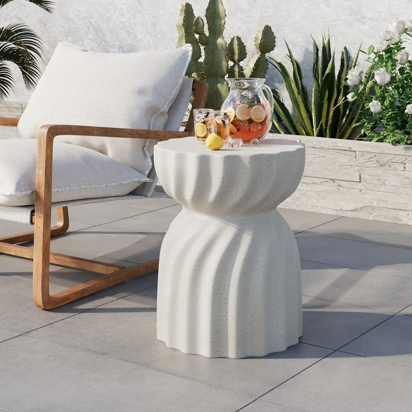COSIEST Outdoor Side Table, Concrete Contemporary Lightweight Accent Table, Patio Side Tables End Table, Outdoor Accent Side Table for Livingroom, Garden, Hourglass, Graphite-Like White