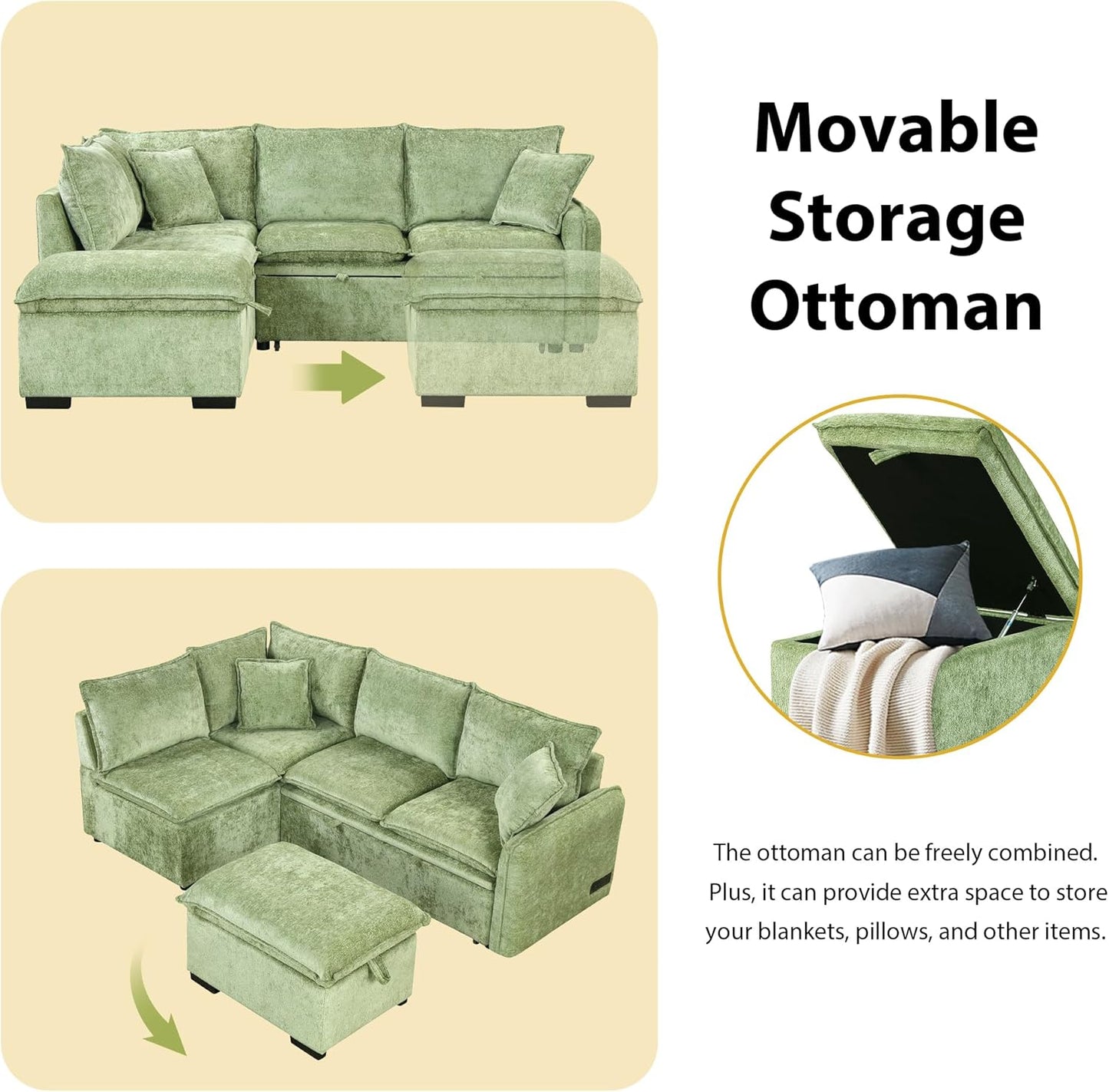 Ball & Cast 82.67" L-Shaped Sectional Pull Out Sofa with Two USB Ports,4-Seater Convertible Couch w/Power Sockets and Movable Storage Ottoman,for Living Room,Apartment,Green