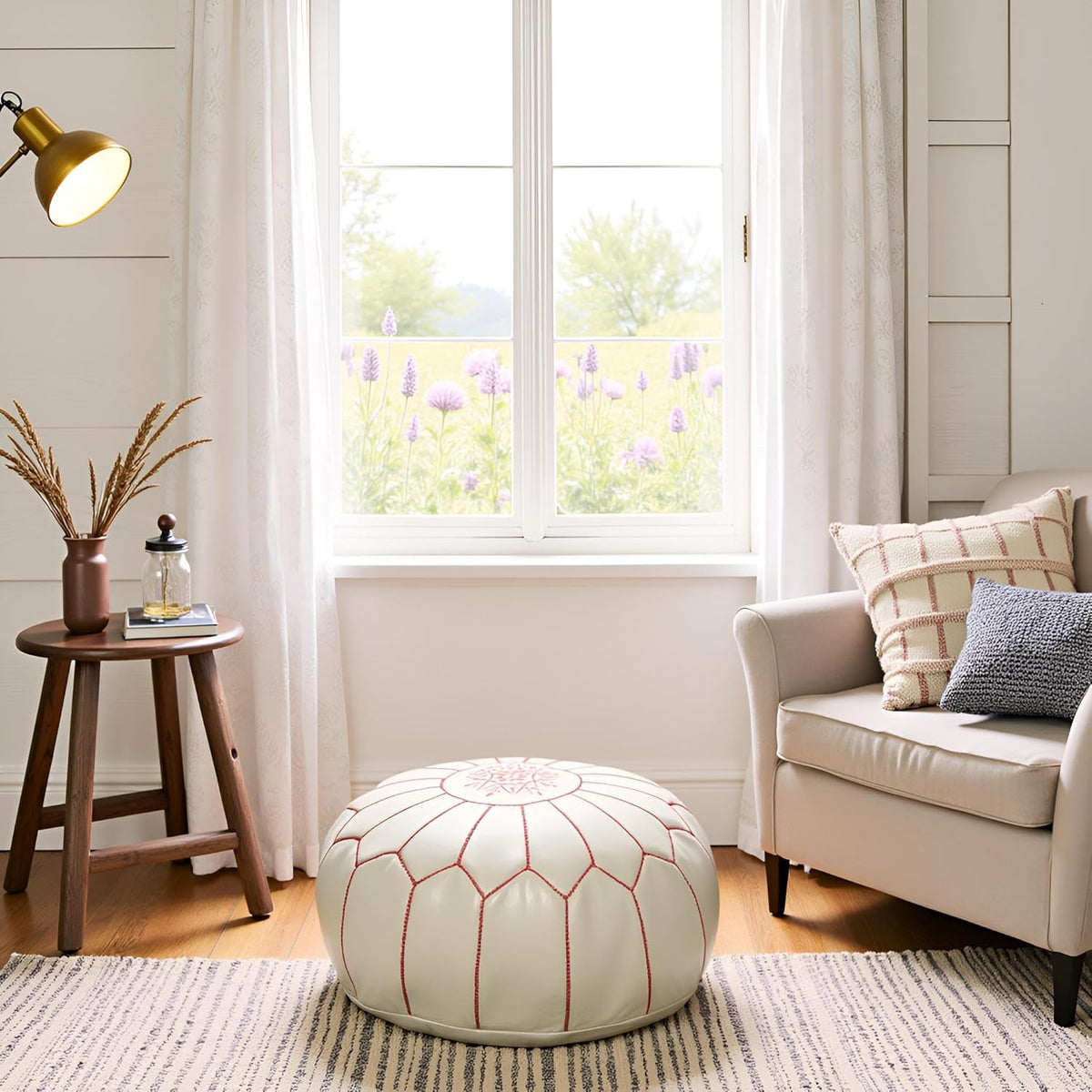 Stuffed Round Design Moroccan Leather Pouf Ottoman, Handmade, Pre-Filled, 100% Genuine Leather, 13” Height x 20” Diameter, Footstool & Living Room Décor (White with Pink Stitches)