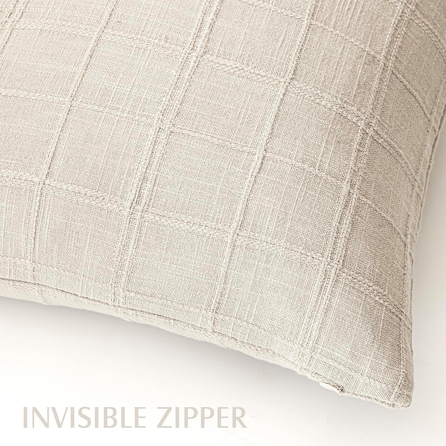 Foindtower Set of 2 Decorative Linen Check Throw Pillow Covers Neutral Long Body Lumbar Cushion Covers Farmhouse Vintage Home Decor for Sofa Chair Couch Bedroom Living Room,14×36 Inch,Natural Beige