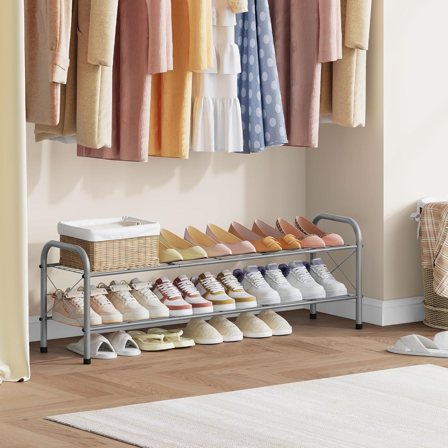 Hoctieon 2 Tier Shoe Rack for Closet, Durable Mesh Style Shoe Rack, Entryway Shoe Shelf, Shoe Storage Organizer for Hallway, Bedroom, Living Room, Wardrobe, Grey