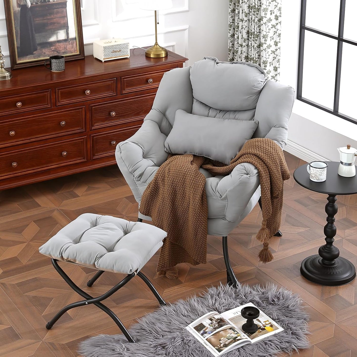 Lazy Chair with Ottoman, Modern Accent Chair with Lumbar Pillow, Comfy Chairs with Folding Footrest for Bedroom, Reading, Oversized Supportive Lounge Chairs(Grey)