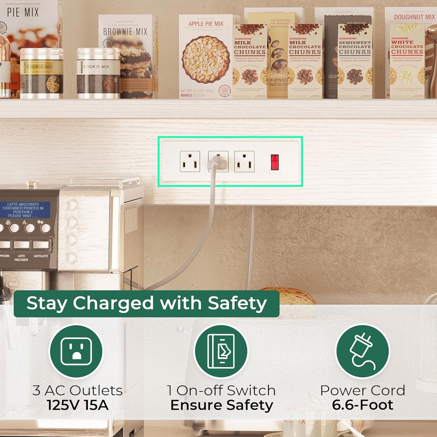 SUPERJARE Bakers Rack with Power Outlet, 35.4 Inches Coffee Bar with Wire Basket, Kitchen Microwave Stand with 6 S-Shaped Hooks, Open Storage Shelves, White