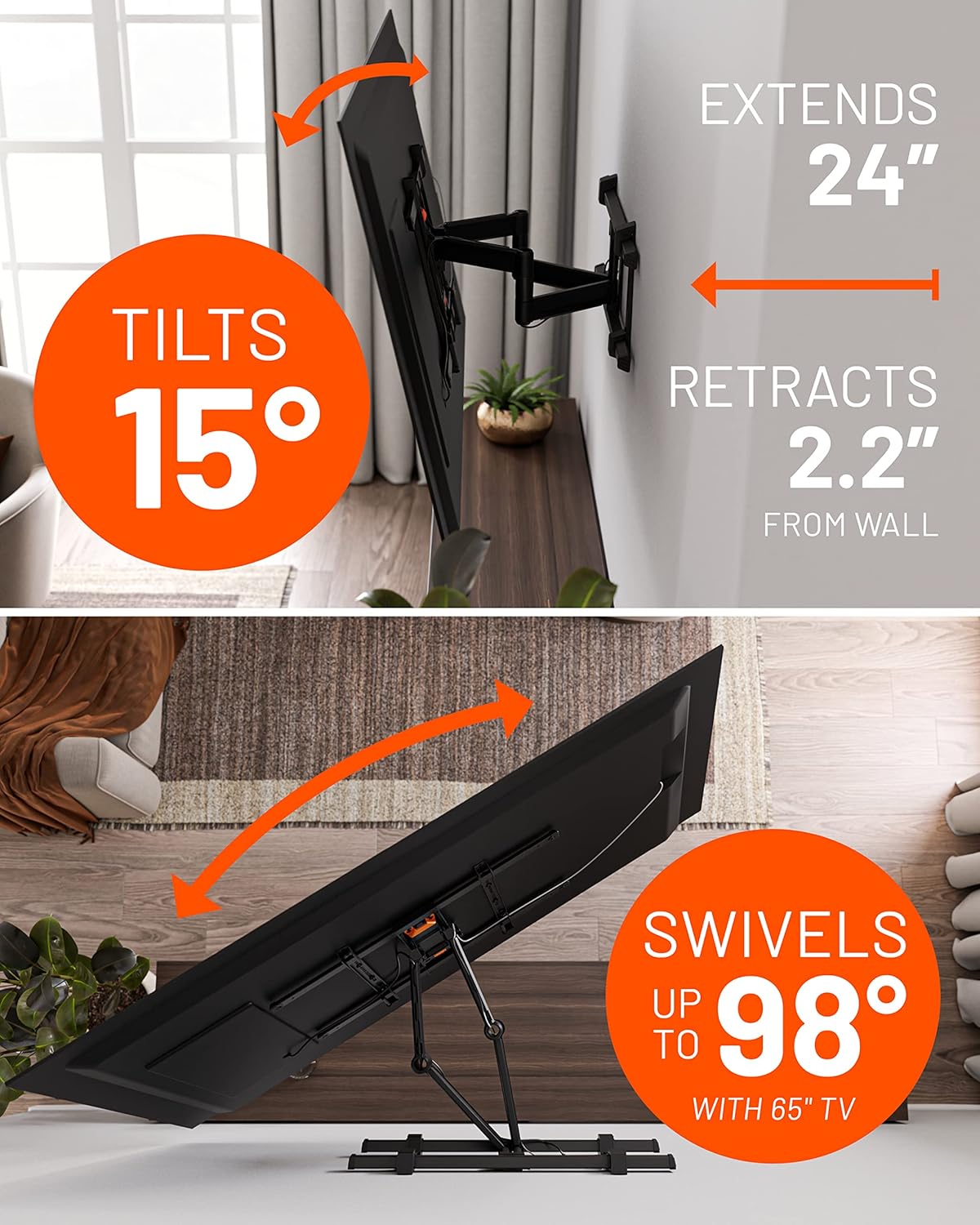 ECHOGEAR XL Full Motion TV Wall Mount - Universal Bracket for Big TVs Up to 90" - Smooth Articualtion Plus Easy 3 Step Install with Pre-Assembled TV Interface - Ideal for OLED & QLED TVs