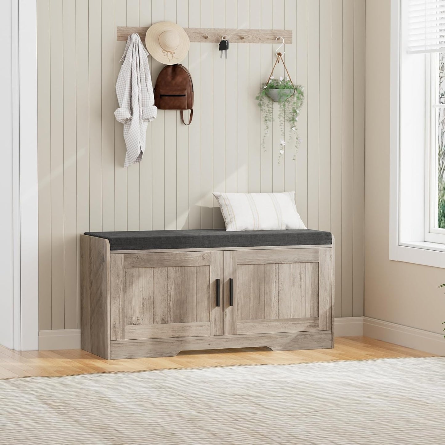 2-Tier Storage Bench, Shoe Bench with Thickened Padded Seat Cushion, Entryway Bench with 2 Doors, Adjustable Shelf, 13.8" D x 37.4" W x 18.5" H, for Entryway, Living Room, Bedroom, Greige