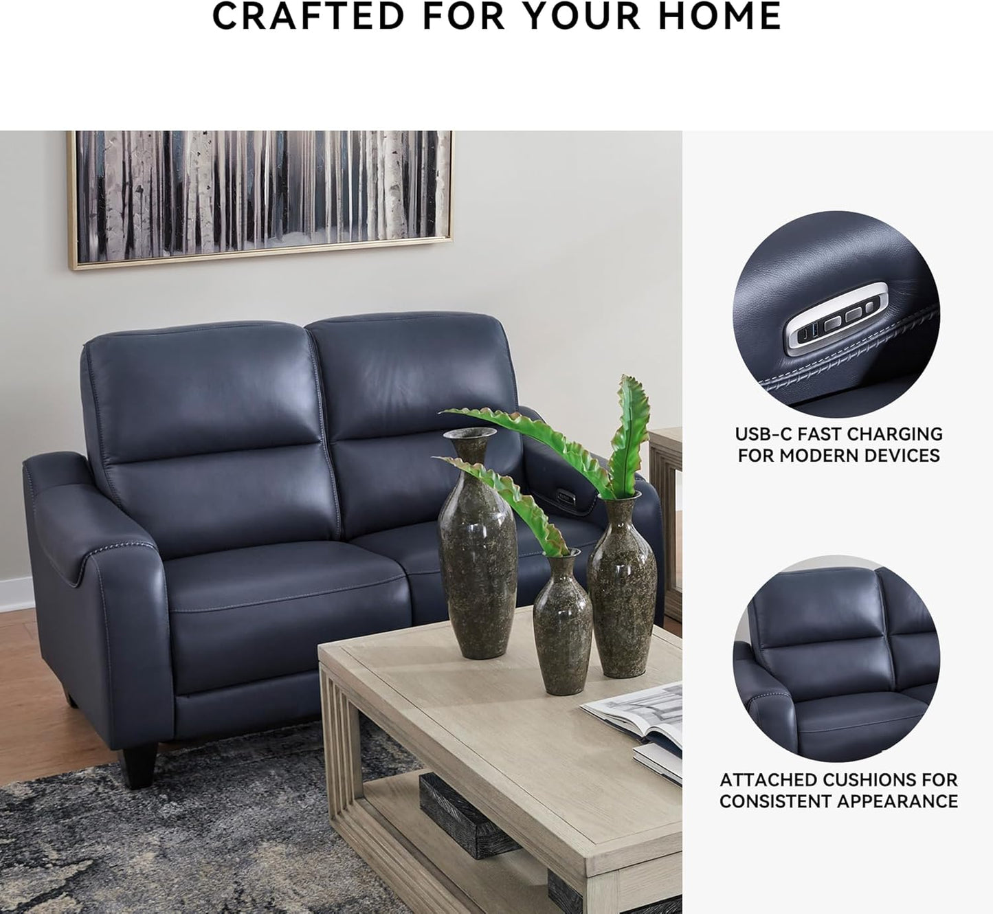 Signature Design by Ashley Mercomatic Contemporary Leather Match Wall Hugger Power Reclining Loveseat with Adjustable Headrest and USB Ports, Blue