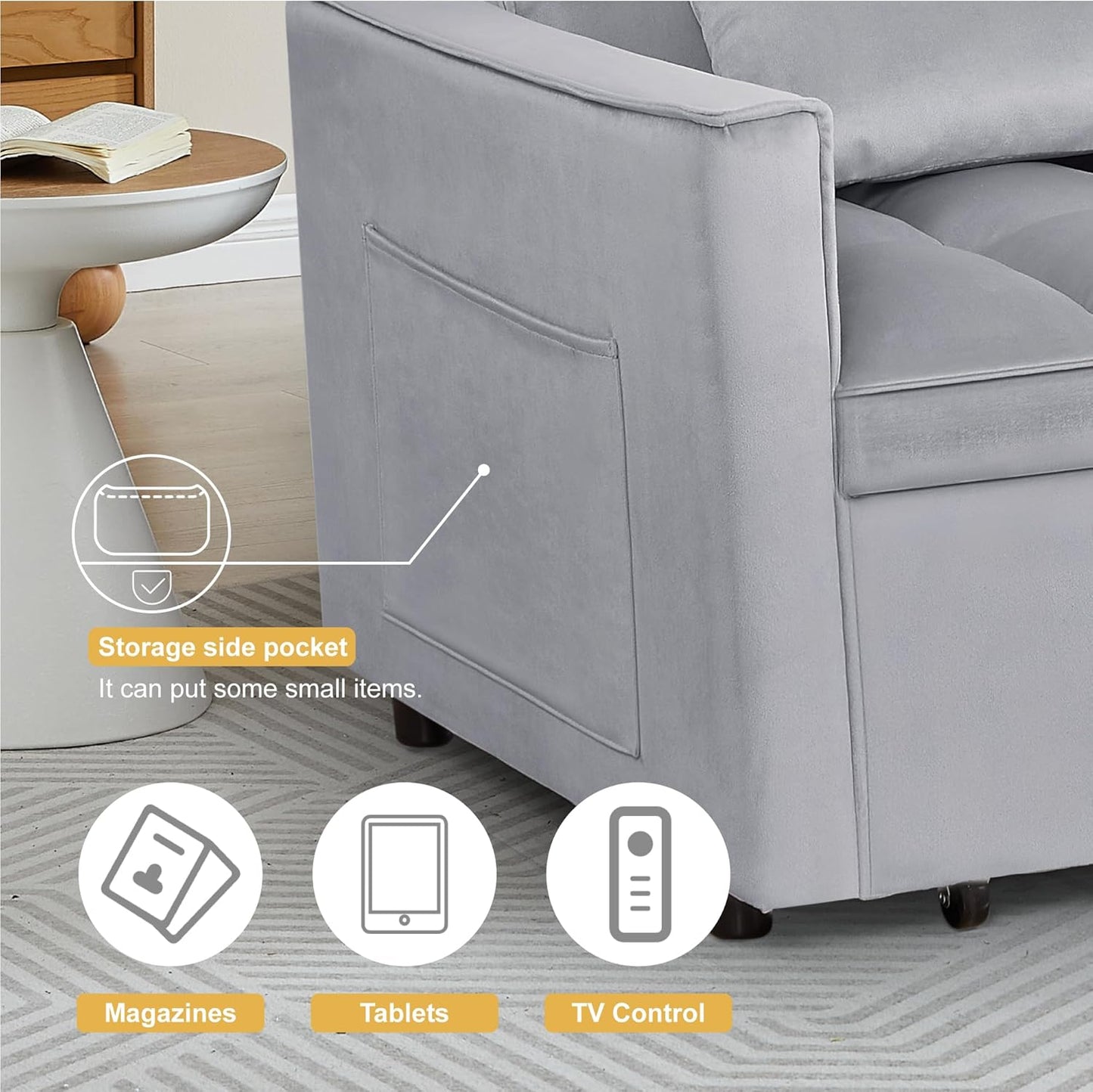 3 in1 Sofa Bed, Pull-Out Sleeper Sofa Bed with 3-Level Adjustable Backrest, Velvet Fabric Convertible Love Seat Sleepers Beds for Living Room & Bedroom & Apartment, Gray