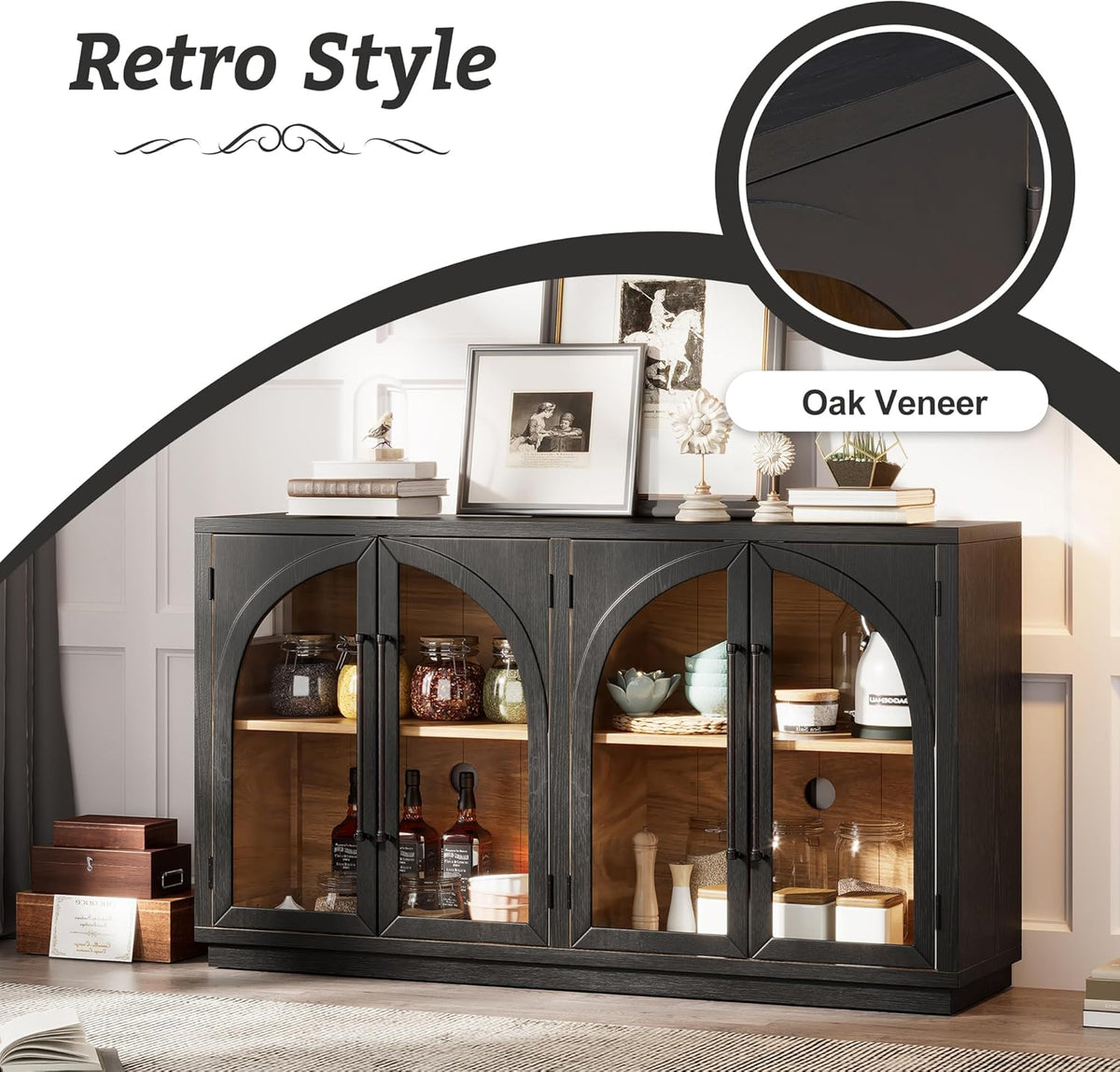 Merax Wood Farmhouse Buffet Sideboard with Adjustable Shelves and 4 Glass Doors, Coffee Bar Cabinet TV Stand for Living Room Bedroom Kitchen Black
