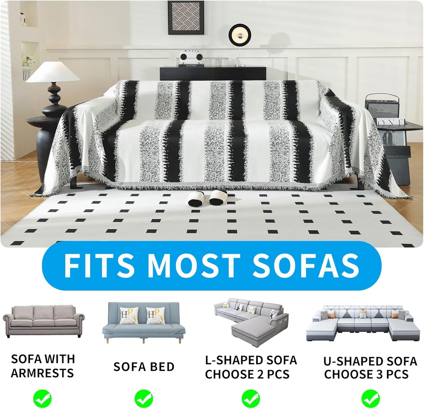 LUFEIJIASHI Boho Couch Covers for Sofa Non Slip Sofa Covers Washable Couch Covers for 3 Cushion Couch Sofa Pet Friendly Sectional Couch Cover Blanket Furniture Protector for Dogs (Black, 71"x118")