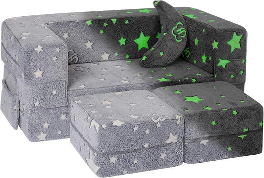 Modular Kids Sofa, Glow in The Dark Star Plush Couch, Convertible Kids Play Set, Fold Out Sofa Bed(Stars)