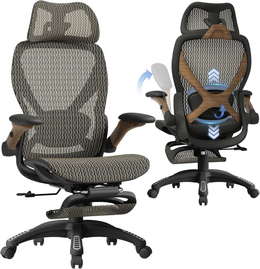 ELABEST X100 Ergonomic Office Chair with Footrest, Big and Tall Home Desk Chair with 5D Flip-Up Arms, Adjustable 3D Lumbar Support,High Back Rolling Computer Chair, Swivel Mesh Chairs (Coffee Break)