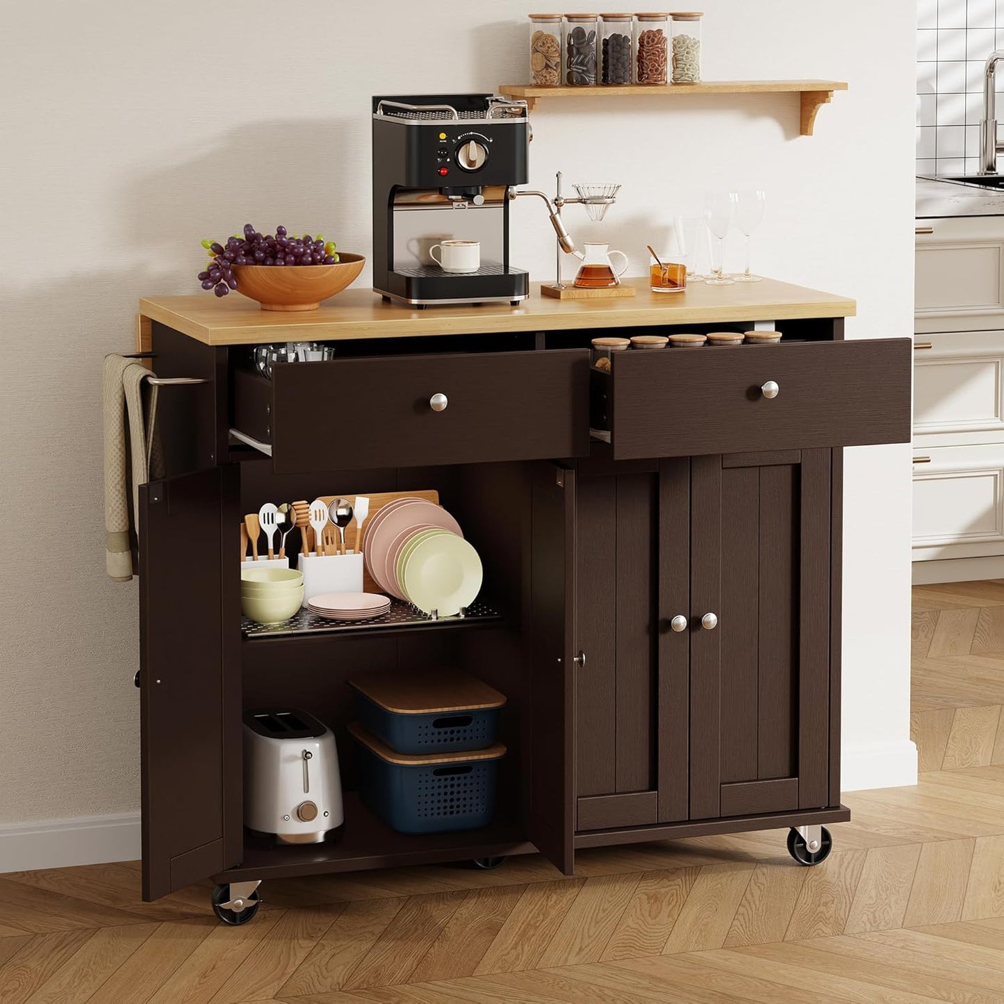 Shintenchi Kitchen Island with Drop Leaf, Rolling Kitchen Cart with Storage on Wheels, Table Bar Cart for Kitchen with Towel Rack & Seating Area for Dining Room, Brown