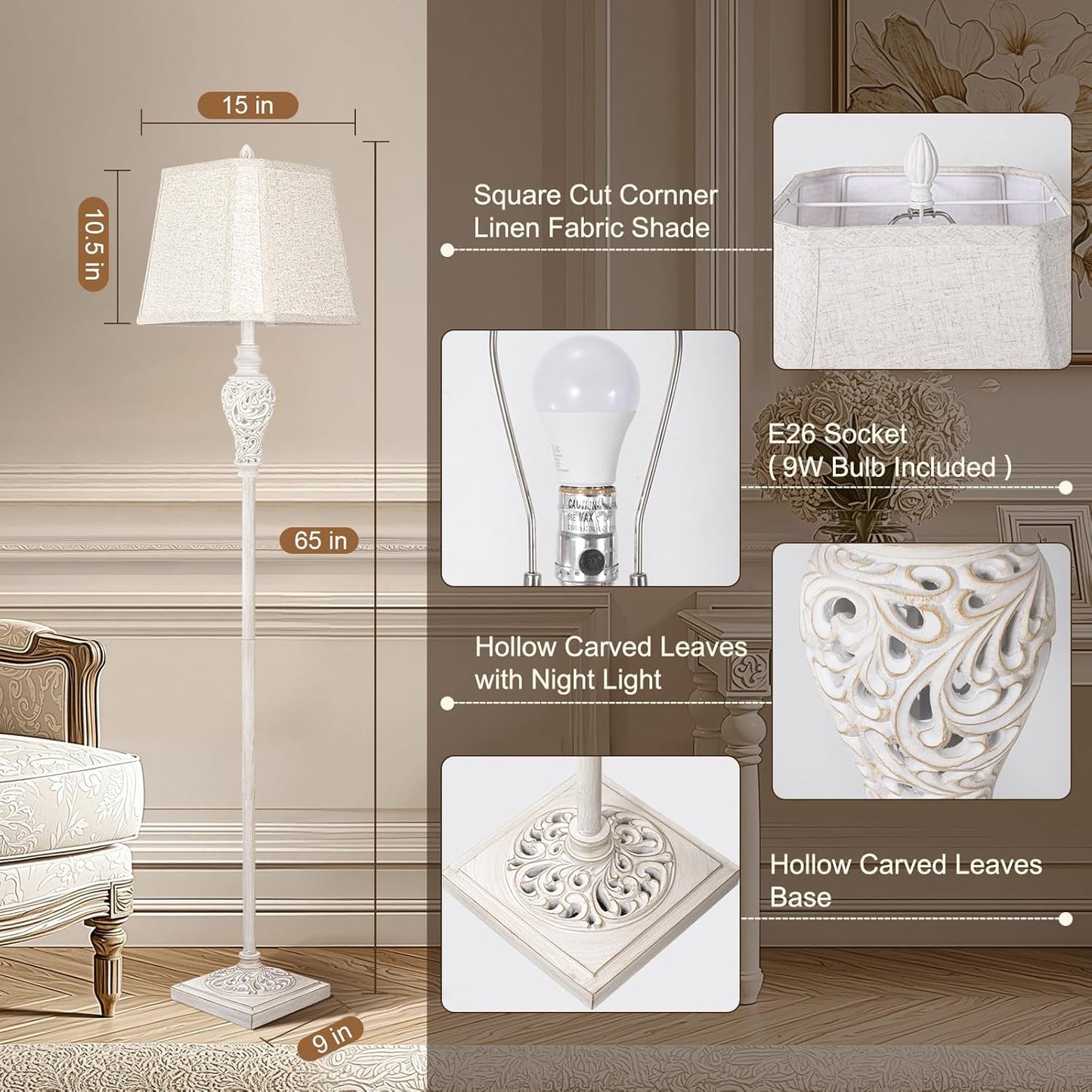 Floor Lamp for Living Room, Vintage Standing Lamp with Nightlight, 65" Tall Lamp with White Linen Shade, Farmhouse Rustic Floor Lamp for Bedroom, Office, Corner (LED Bulb Included)