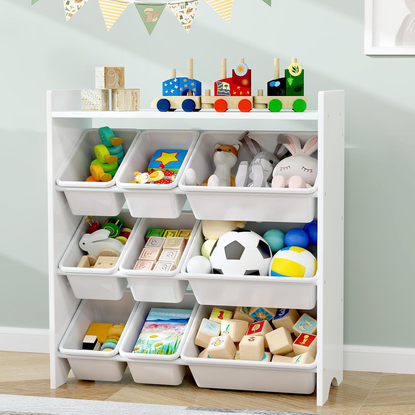 MallBest 4-Tier Kids' Toy Storage Organizer Shelf - 100% Solid Wood,Children's Storage Cabinet with 9 Plastic Bins