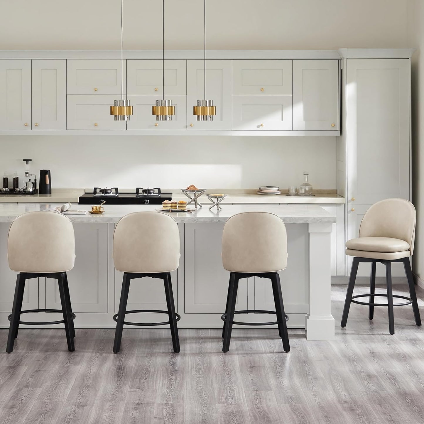 Counter Height Barstools 26 inch Upholstered Swivel Bar Stools with Back and Wood Legs for Kitchen Island,Set of 1,Beige PU Leather-Armless