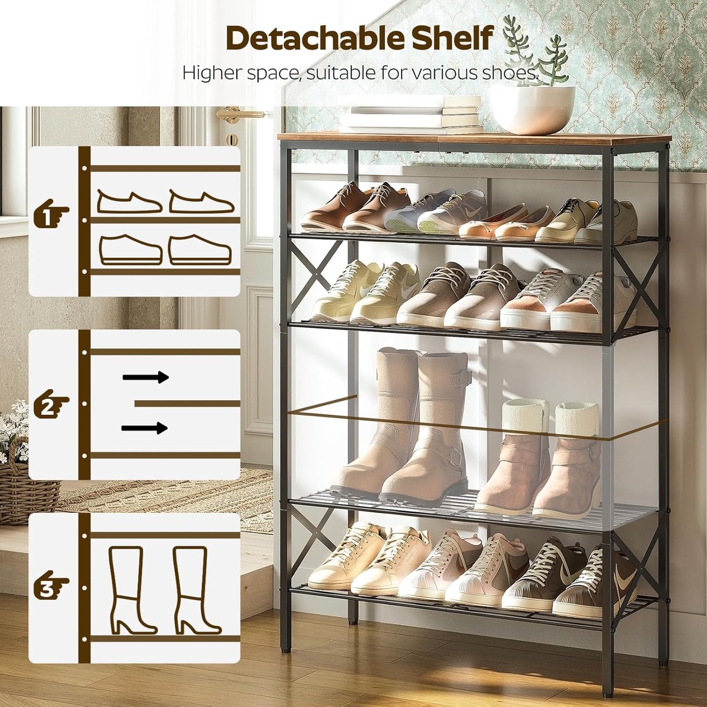 6-Tier Shoe Rack, Shoe Storage Organizer for Closet, Free Standing Shoe Organizer with Metal Mesh Shelves, 24 Pairs of Shoes, Rustic Brown and Black SS06BR