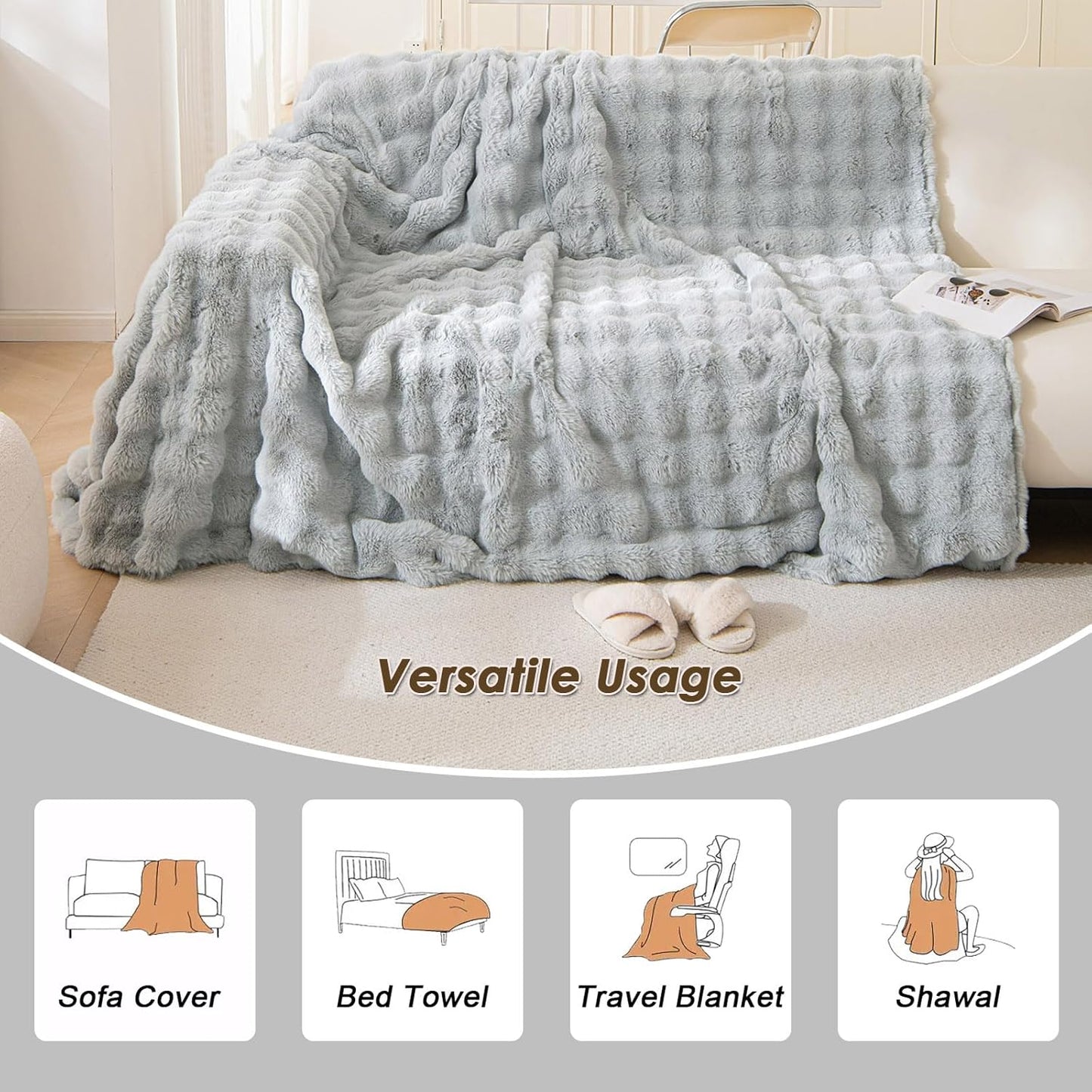 VM VOUGEMARKET Thick Faux Rabbit Fur Couch Cover 1-Piece Non-Slip Warm Soft Cozy Sofa Covers,Fluffy Plush Sofa Slipcover Furniture Protector for Kids,Pets(Grey,71" x 118")