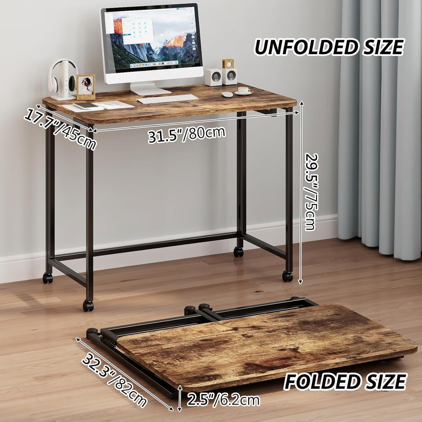 JSB Small Folding Computer Desk with Storage Bag and Hook Writing Modern Industrial Work Table Laptop for Home Office White (Rustic & Brown, 31.5")