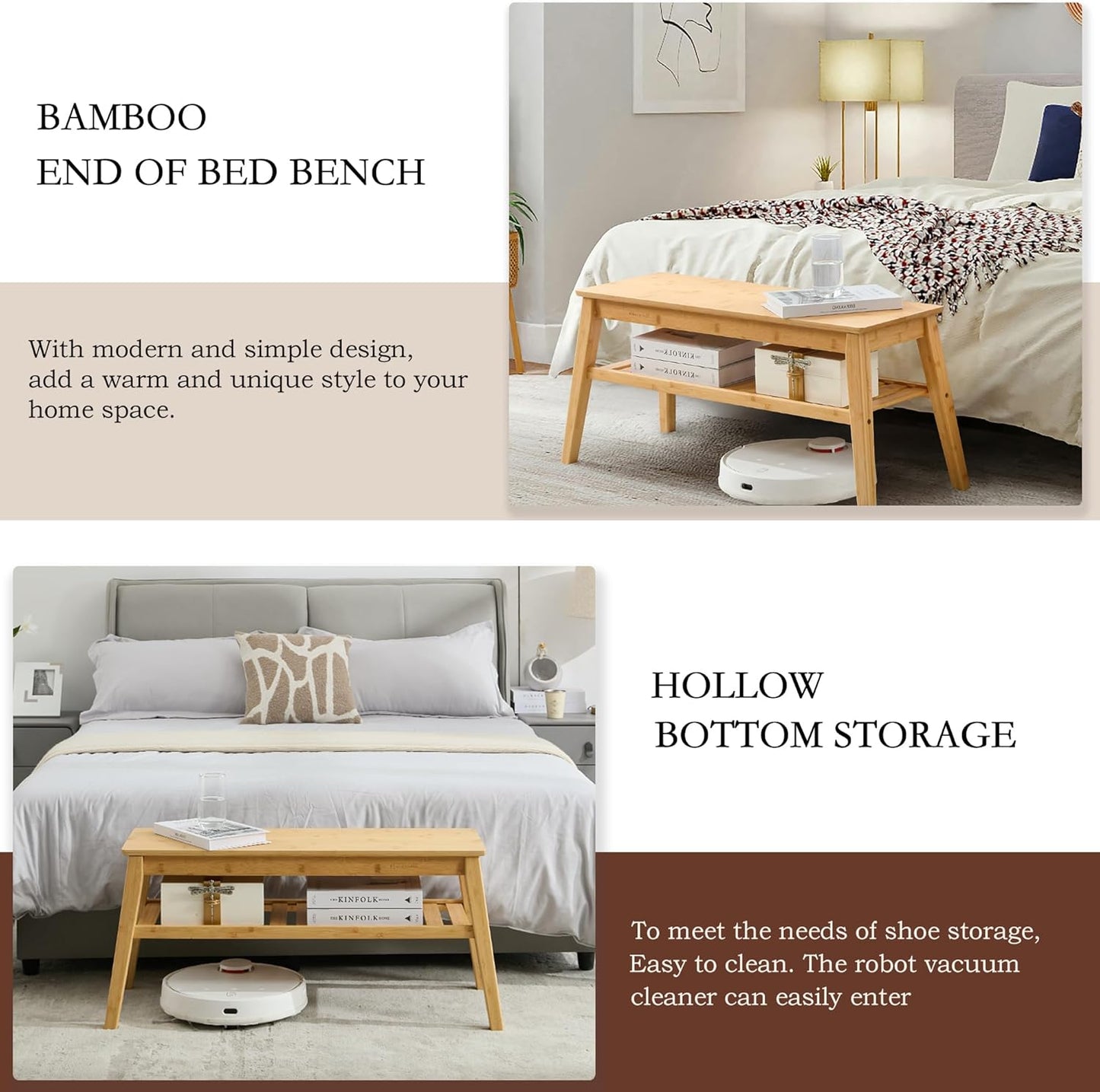 Nnewvante 33.46" Bamboo Entryway Bench, 2 Tier Indoor Storage Bench, Wood Bench for Living Room, Dining Room, Bedroom, Hallway, Holds up to 300lbs