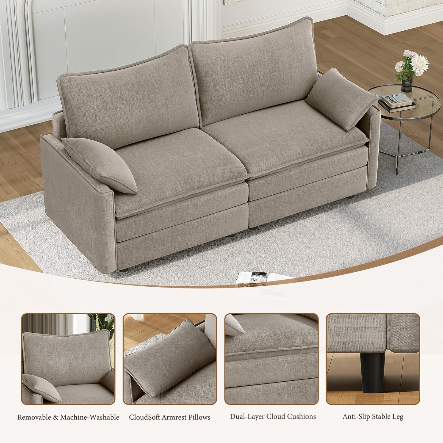 Vesgantti 74" Loveseat Sofa for Living Room, Comfy Cloud Couch Deep Seat Chenille Modern 2 Seater Small Sofa with Armrest Pillow, Easy Assembly for Small Spaces, Light Brown