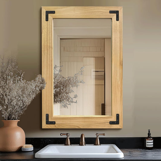 Bathroom Mirror for Wall with Wooden Frame, 36"x24" Solid Wood Vanity Mirror for Farmhouse, Bathroom, Bedroom Decor, Vertical or Horizontal Hanging(Natural)