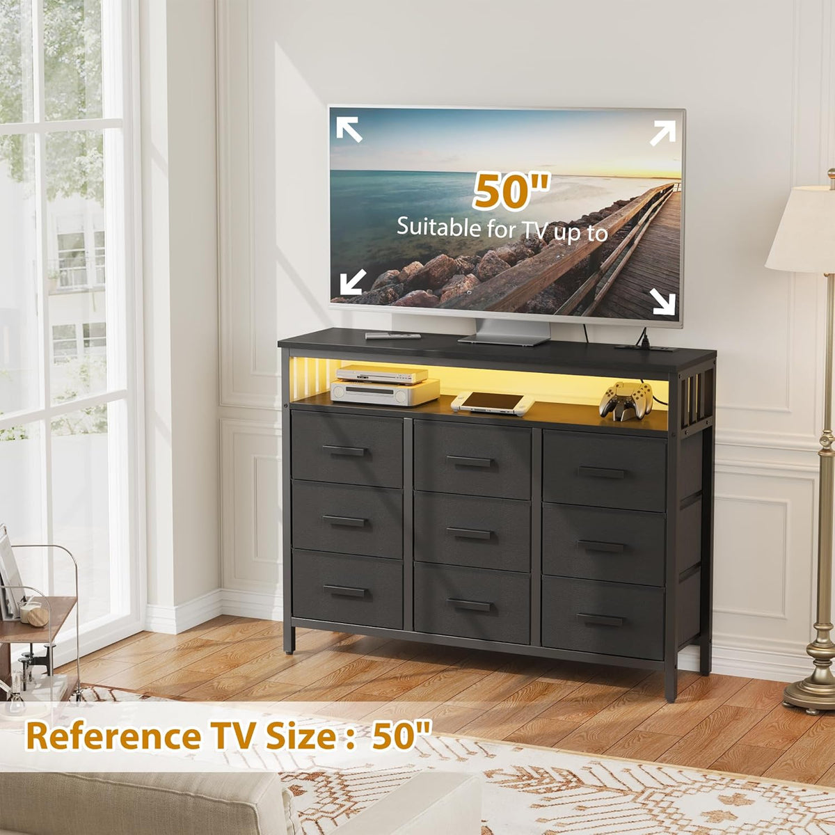 9 Drawer Dresser TV Stand with LED Lights & Power Outlets, Entertainment Center with Open Shelf, Media Console for 50” TV, Large Storage Dresser for Bedroom (Black)