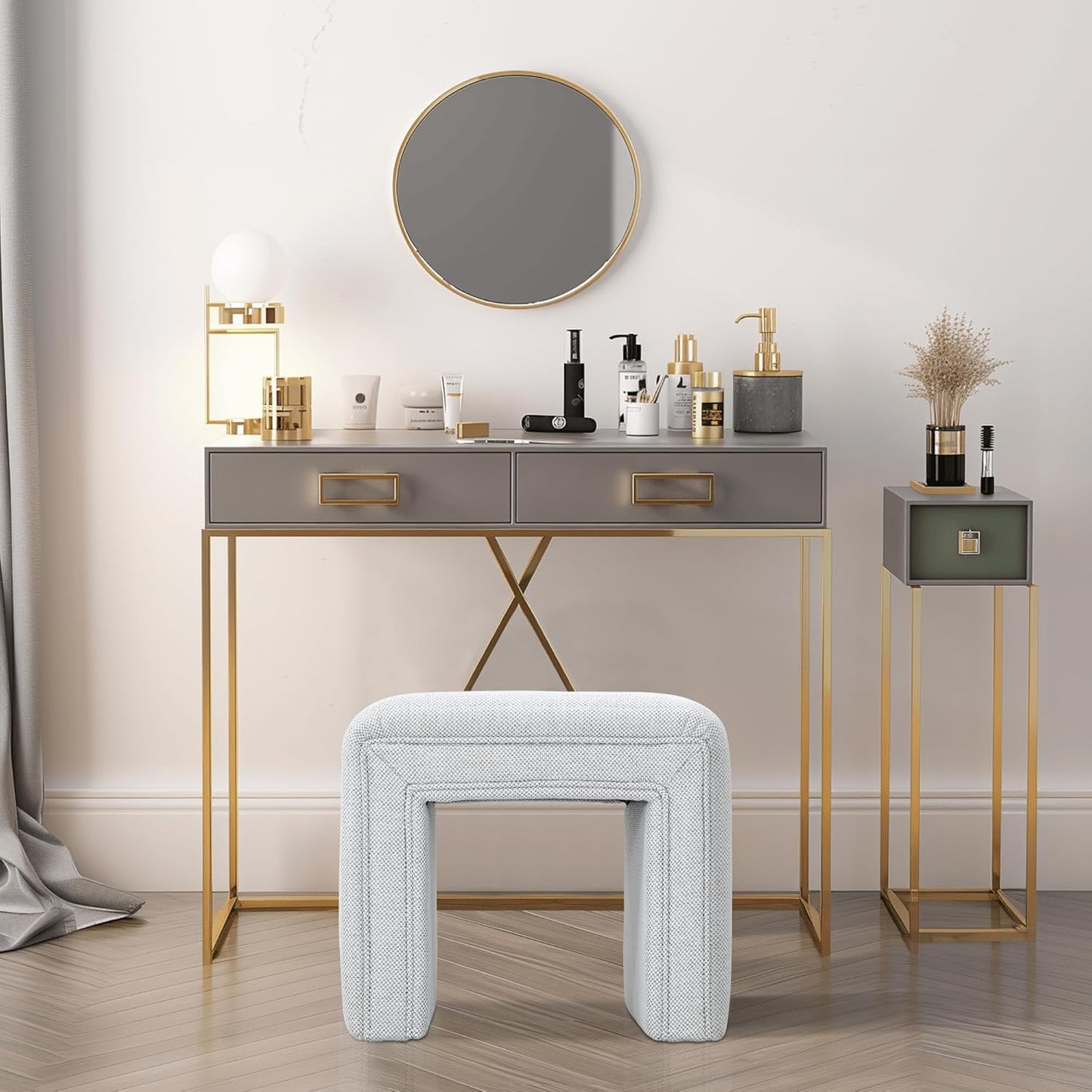 Get Set Style Vanity Stool Chair,Modern Linen Ottoman Foot Stool with Wooden Legs Sofa Bench Footstool Extra Seat for Vanity,Makeup Room,Living Room,Entryway,Office (Fully Assembled)